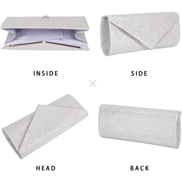 Women's Silver Clutch Purses Sparkling Envelope Evening Bag Detachable Chain - Picture 5 of 8